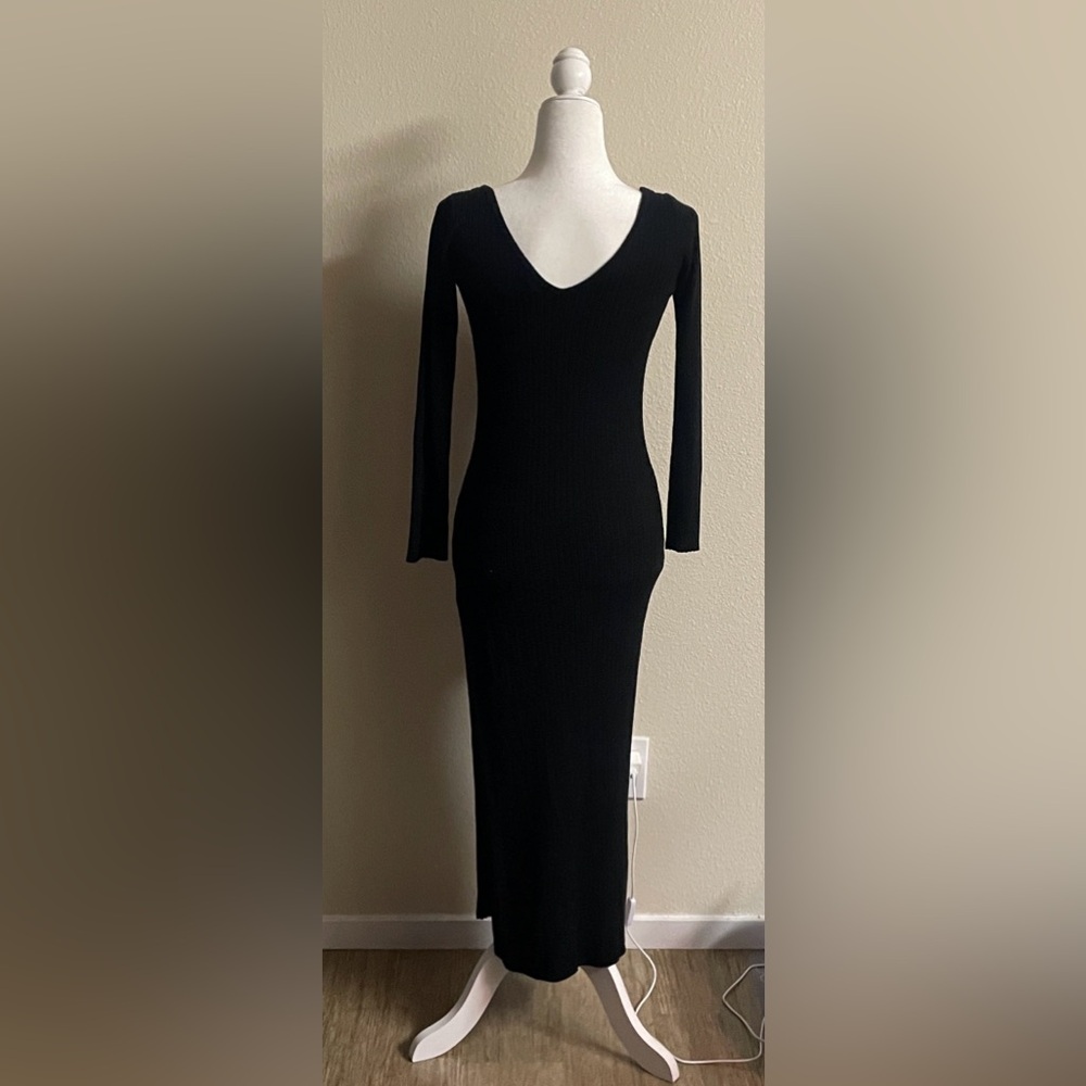 Fashion Nova Black Ribbed Bodycon Maxi Dress V-Neck Long Sleeve – Size M - Picture 7 of 10